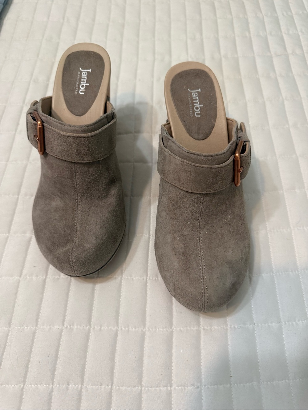 Jambu Taupe Suede Slip-On Clogs with Buckle